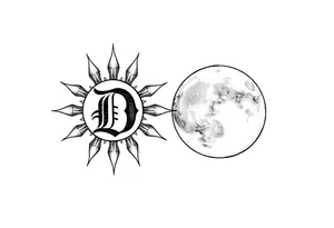 the letter D in the sun and the letter T in the moon tattoo idea