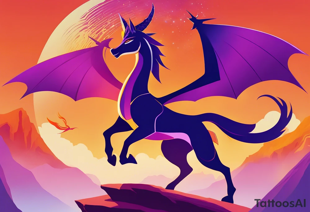 consider a dynamic scene featuring Nike from the Bella Sara trading cards as a majestic figure with flowing hair and armor. Incorporate elements from Spyro the Dragon, like his iconic wings and fiery breath, intertwining with Nike's movement. You could have Nike standing on a cliff with Spyro flying overhead, surrounded by ethereal landscapes reminiscent of both worlds. This combination would create a powerful and whimsical design, blending strength with fantasy. tattoo idea