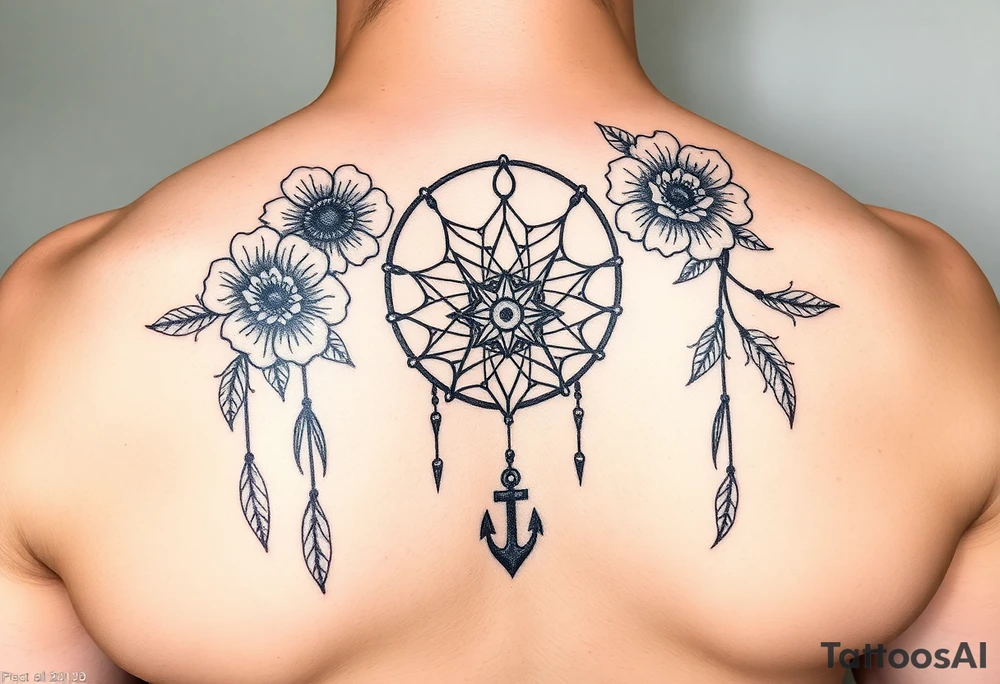 Boho dream catcher with compass and anchor Beautiful flowers and an ornamental chandelier like look tattoo idea
