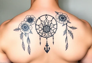 Boho dream catcher with compass and anchor Beautiful flowers and an ornamental chandelier like look tattoo idea