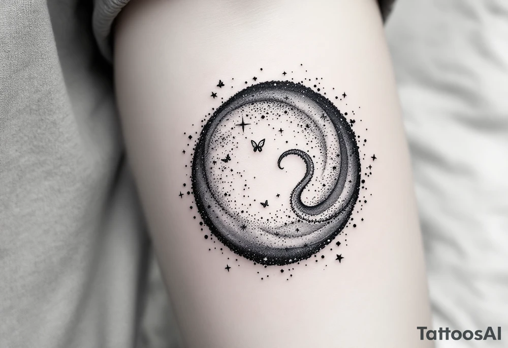 Delicate black ink tattoo in dotwork and fine-line style, representing the Milky Way galaxy in a spiral formation with scattered stars and cosmic dust. Integrate a small, whimsical octopus subtly within the spiral — as if it’s curled into or emerging from the galaxy itself. The octopus should match the dotwork and fine-line aesthetic: minimal, elegant, and softly surreal, blending naturally with the cosmic swirl. Optional: include a couple of tiny butterflies orbiting or interacting with the composition, to add a dreamy, symbolic touch. Style: cosmic minimalism, black ink dotwork, microrealism, poetic surrealism. tattoo idea