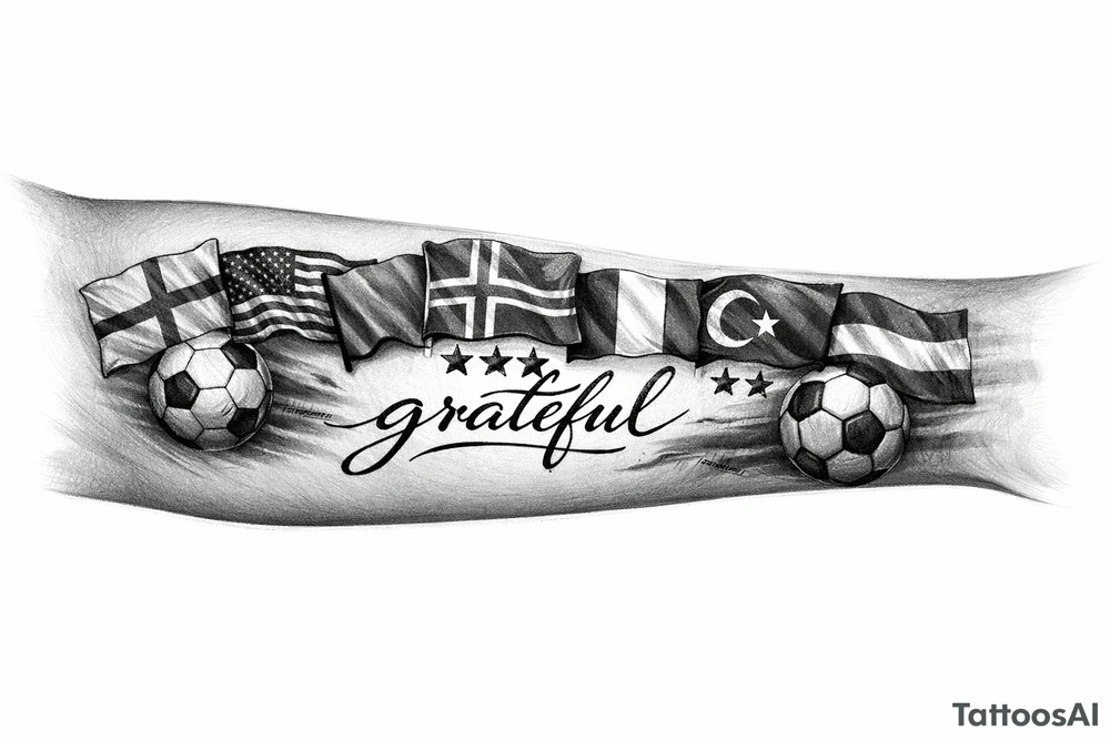 Football related my own journey England USA Iceland Italy Spain Turkey France Hungary flags inside forearm can u put 3 stars under iceland , 2 under turkey and italy no landmarks
And quote in middle “grateful” tattoo idea