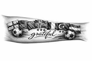 Football related my own journey England USA Iceland Italy Spain Turkey France Hungary flags inside forearm can u put 3 stars under iceland , 2 under turkey and italy no landmarks
And quote in middle “grateful” tattoo idea