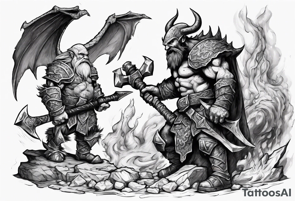 dwarven warrior with a war axe fighting against a dragon in the pit of hell tattoo idea