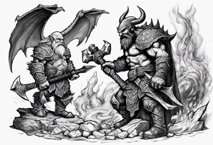 dwarven warrior with a war axe fighting against a dragon in the pit of hell tattoo idea
