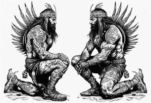Peaceful and savage warrior kneeling with the whole world on his shoulders. tattoo idea