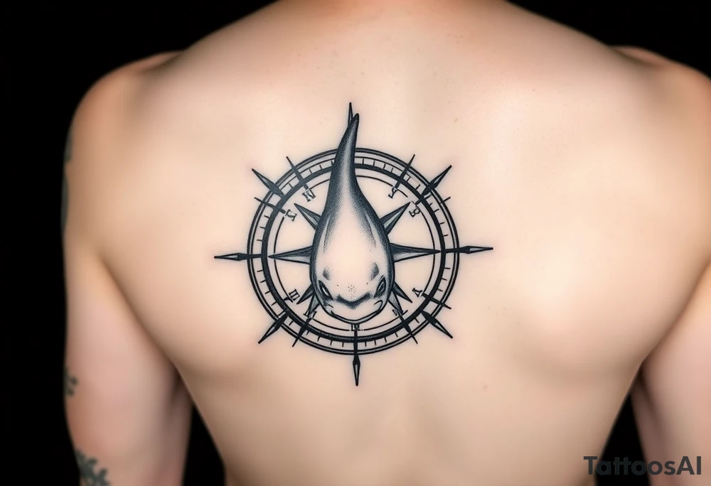 "A detailed black and grey tattoo design combining the top-down view of a shark with a compass. The shark should appear as if swimming across or emerging from the compass. The compass has intricate, sharp-edged needles and classic directional markings (N, S, E, W). The style is realistic with fine linework and light dot shading, suitable for forearm or upper arm placement. Bold yet elegant composition with oceanic and navigational symbolism." tattoo idea