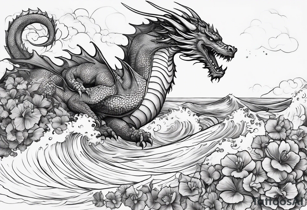 create me a tattoo with a dragon on a wave and a feild of violets and a man and a child walking together tattoo idea