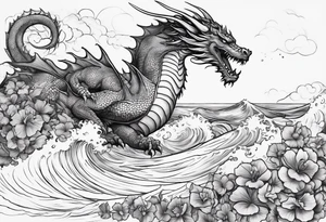 create me a tattoo with a dragon on a wave and a feild of violets and a man and a child walking together tattoo idea