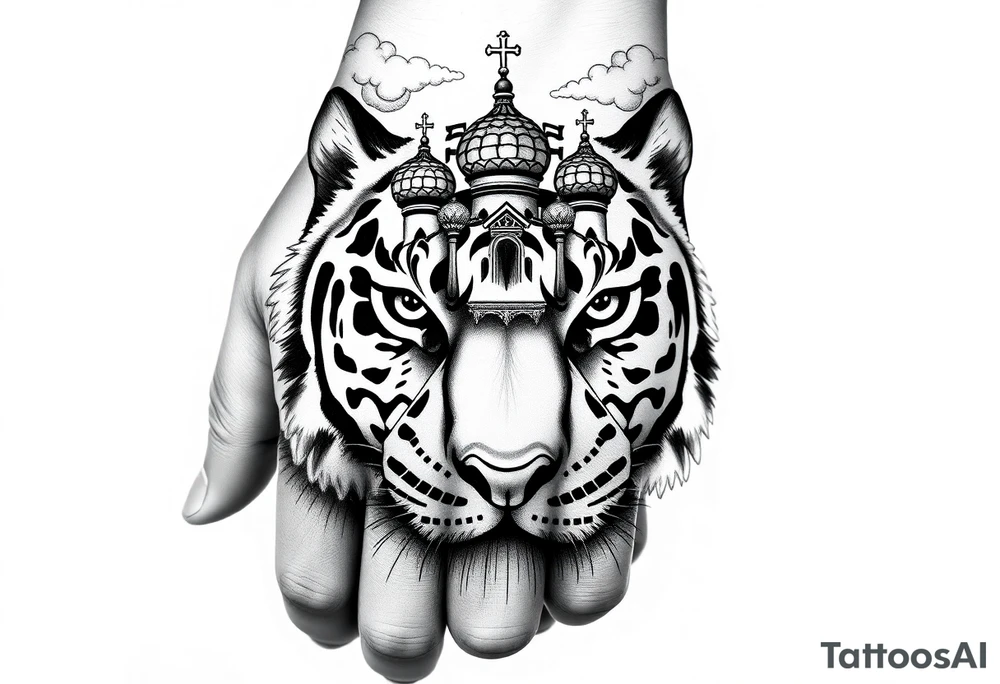 Realistic tiger face on the back of the hand with strong contrast and fine detail with hollow black eyes. with a highly detailed Russian Orthodox cathedral sitting above on fore arm with onion domes and orthodox crosses, done in fine line, engraving-like style. Cohesive composition, black ink only, no color, high contrast, slightly aged, documentary-style, plain light background. with clouds above and a virgin mary tattoo idea