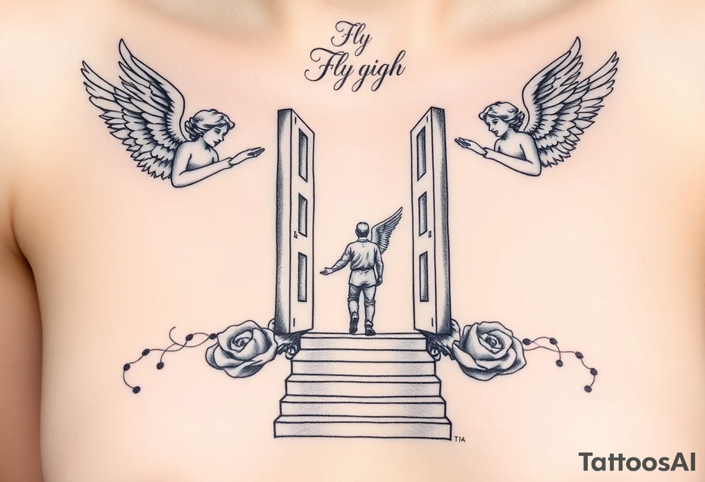 3 angels holding open the gates of heaven with the male figure walking up the steps.Saying fly high baby boy Realistic angels tattoo idea