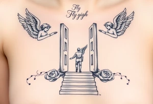 3 angels holding open the gates of heaven with the male figure walking up the steps.Saying fly high baby boy Realistic angels tattoo idea