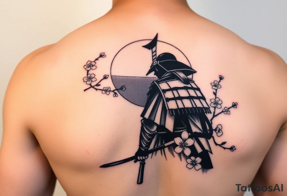noble samurai warrior silhouette at sunset with cherry blossoms tattoo idea