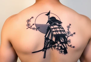 noble samurai warrior silhouette at sunset with cherry blossoms tattoo idea