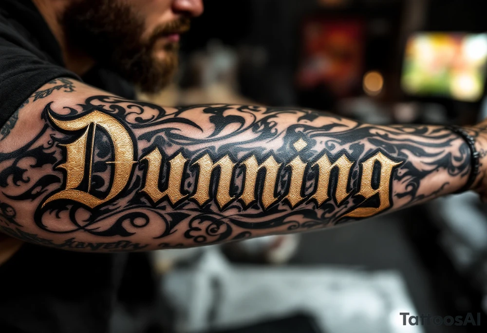 Dunning, details include bold strong font, gold highlights, theme of wealth and angel wings, taino native tattoo idea