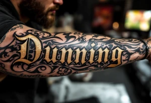 Dunning, details include bold strong font, gold highlights, theme of wealth and angel wings, taino native tattoo idea