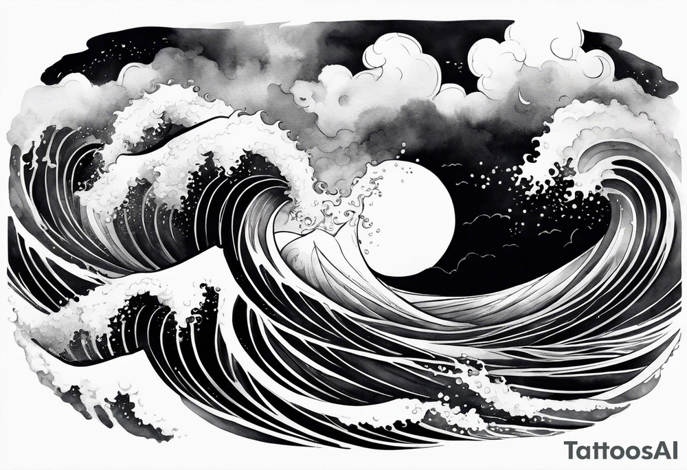 stormy sea waves, full-length woman in the middle of the storm tattoo idea