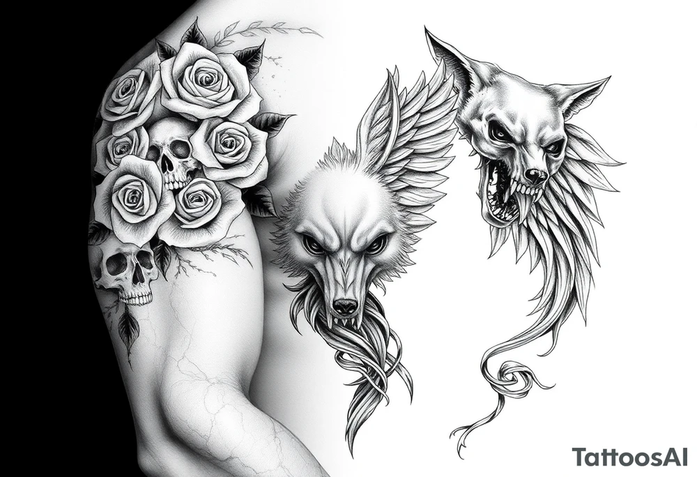 Roses and skulls and wolfs and the death of a angel in a tribal format tattoo idea