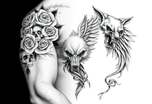 Roses and skulls and wolfs and the death of a angel in a tribal format tattoo idea