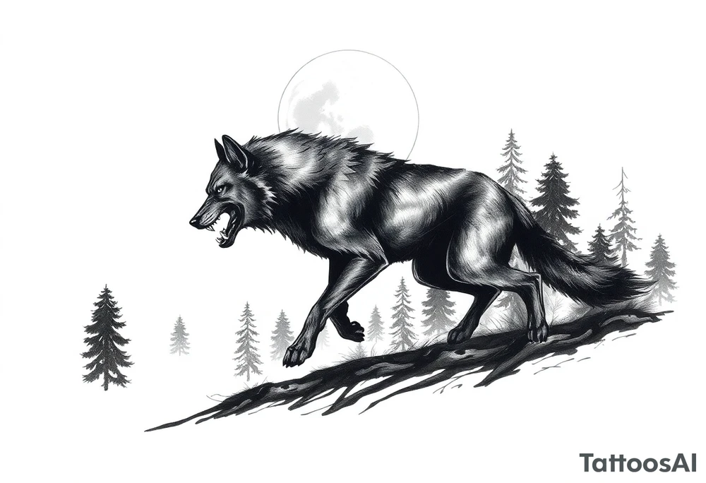 Silhouette of a werewolf running through a forest under a moonlit sky. tattoo idea