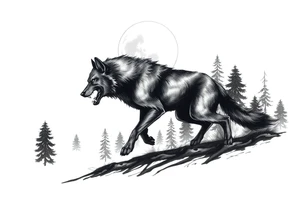 Silhouette of a werewolf running through a forest under a moonlit sky. tattoo idea