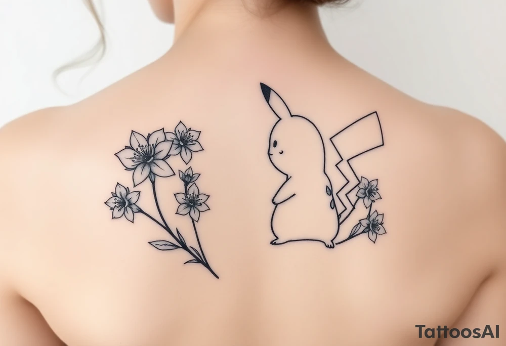 Thin outline of daffodil flowers, narcissist flowers, a cute Pikachu and Bulbasaur together tattoo idea
