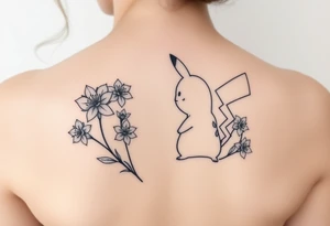 Thin outline of daffodil flowers, narcissist flowers, a cute Pikachu and Bulbasaur together tattoo idea