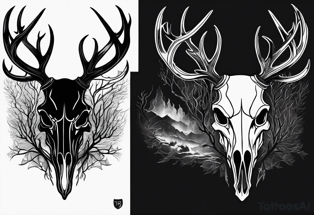 A frightening horror DECAYING deer skull JUST BONE side profile surrounded by a forest fire in background tattoo idea
