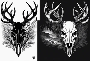 A frightening horror DECAYING deer skull JUST BONE side profile surrounded by a forest fire in background tattoo idea