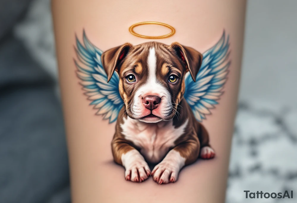 Pitbull pup with angel wings, brown and white puppy, soft shading with pastel blue wings and a golden halo. tattoo idea