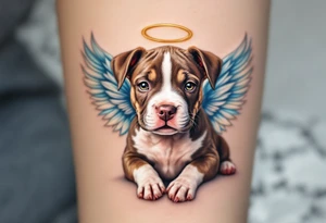 Pitbull pup with angel wings, brown and white puppy, soft shading with pastel blue wings and a golden halo. tattoo idea