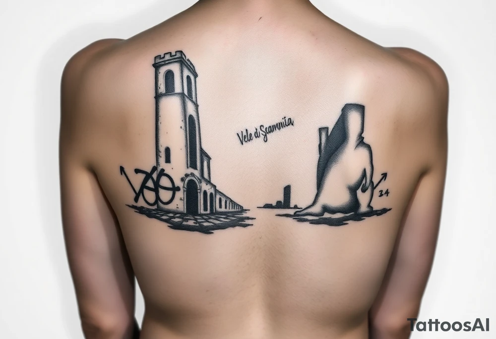 Vele di Scampia ruined and covered in graffiti, large tattoo, lower back area tattoo idea