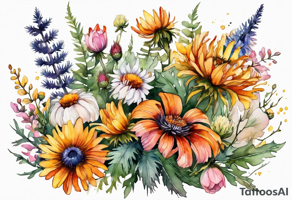 mixed wildflower cascading with thistles, ferns, burnt orange flower, white flowers, pink flowers, and yellow flowers all in watercolor tattoo idea
