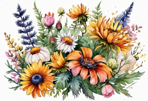 mixed wildflower cascading with thistles, ferns, burnt orange flower, white flowers, pink flowers, and yellow flowers all in watercolor tattoo idea