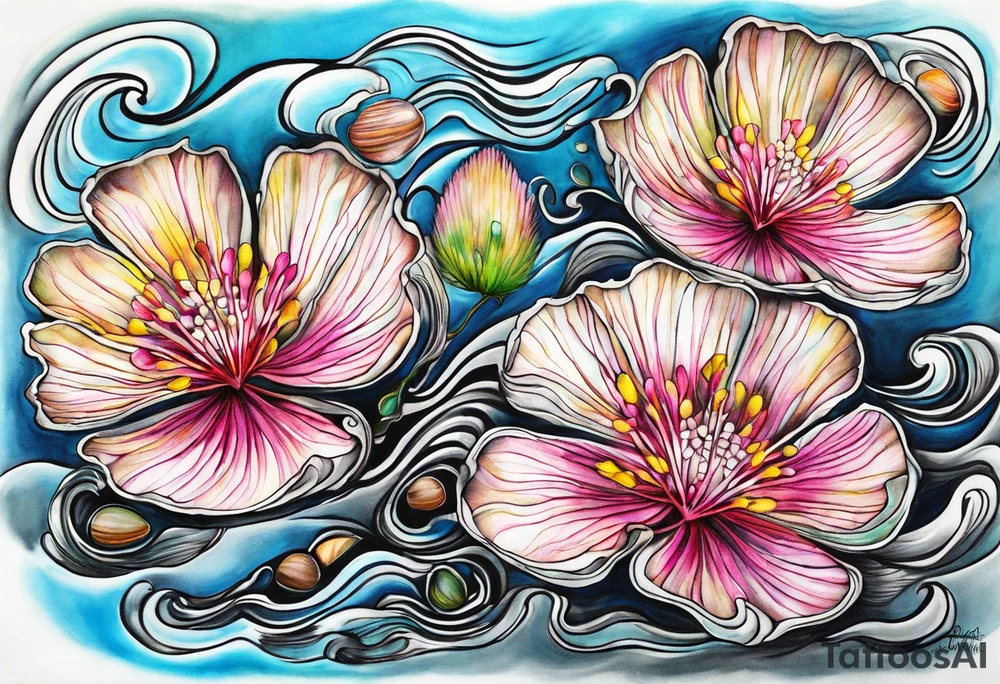 2 Albizia julibrissin blossoms floating with bivalve shells mixed in creating movement and representing cape may new jersey tattoo idea