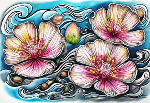 2 Albizia julibrissin blossoms floating with bivalve shells mixed in creating movement and representing cape may new jersey tattoo idea