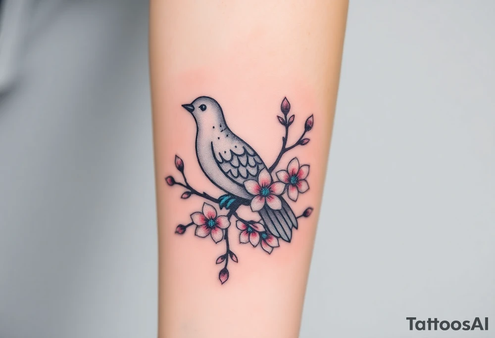 A collared dove perched on a blooming branch of cherry blossoms, with soft pink and white flowers, and the dove in gray with subtle blue accents, symbolizing renewal and peac tattoo idea