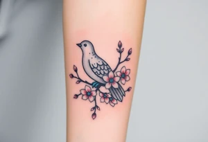 A collared dove perched on a blooming branch of cherry blossoms, with soft pink and white flowers, and the dove in gray with subtle blue accents, symbolizing renewal and peac tattoo idea