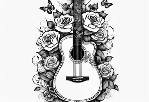 Acoustic guitar with roses and butterflies growing off the side tattoo idea