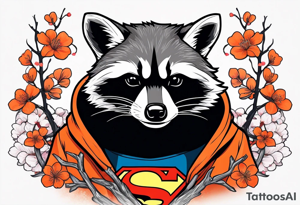 Raccoon wearing a white Superman logo on a black hoodie and orange Japanese cherry blossoms beside tattoo idea