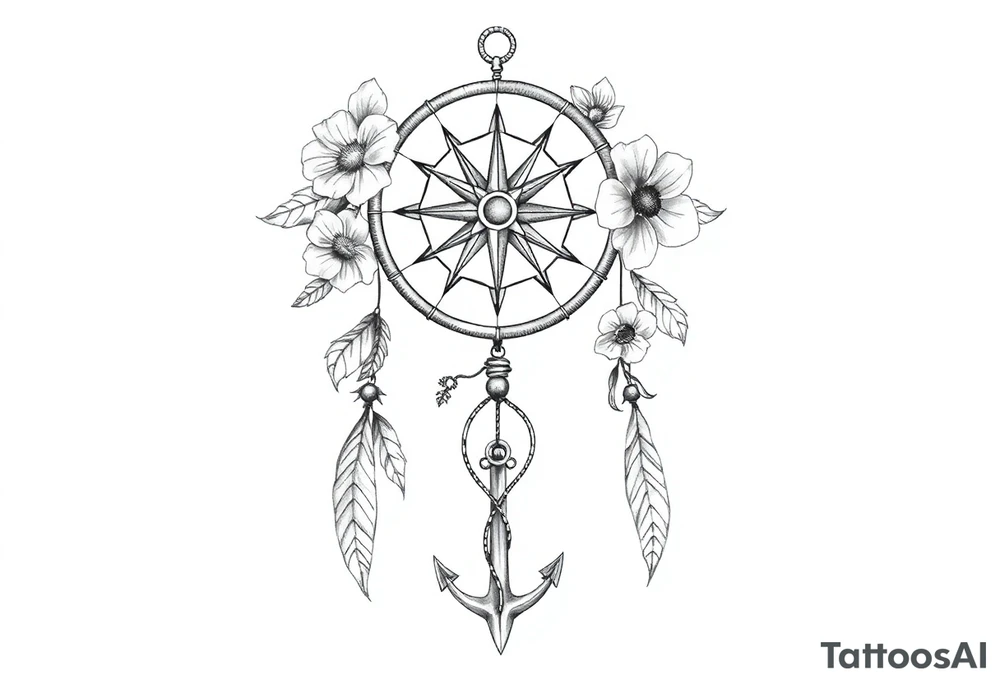 dream catcher with compass and anchor Beautiful flowers and boho like look tattoo idea