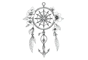 dream catcher with compass and anchor Beautiful flowers and boho like look tattoo idea