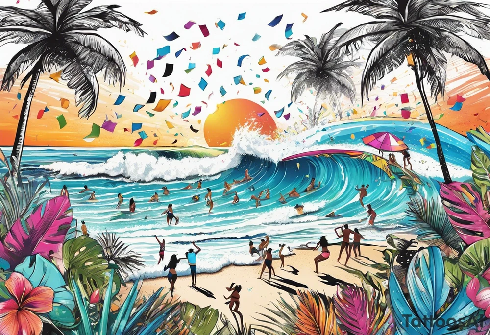 SURFING SAFARI BEACH DANCE 
PARTY WITH CONFETTI AND MUSIC NOTES, TROPICAL DRINKS, SEXY BIKINIS tattoo idea