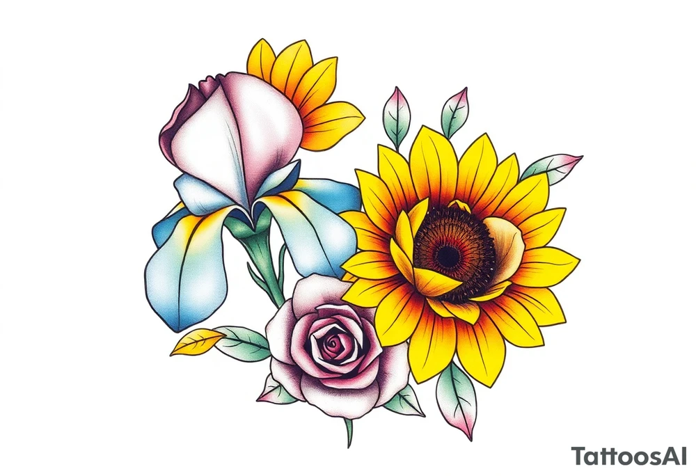 Sunflower,iris and a Rose flowers tattoo idea