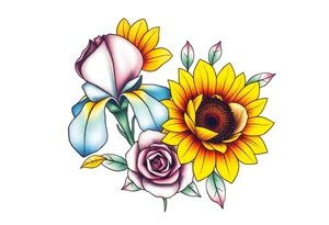 Sunflower,iris and a Rose flowers tattoo idea