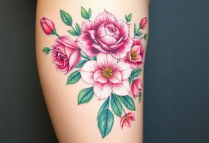 Realistic roses tulips and lilies 
and leaves with embellishments tattoo idea