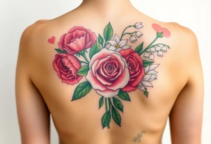 BouquetCarnation, Astor, Rose, Lily of the valley, Larkspur with realistic, stems, running down middle of the back With no black tattoo idea