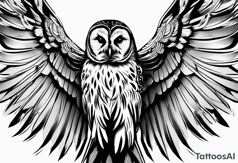 barred owl with wings fully extended looking straight on tattoo idea