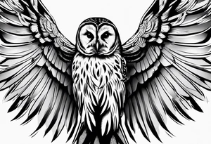 barred owl with wings fully extended looking straight on tattoo idea