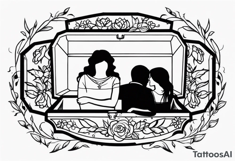a male and female shadow only hugging in a casket tattoo idea
